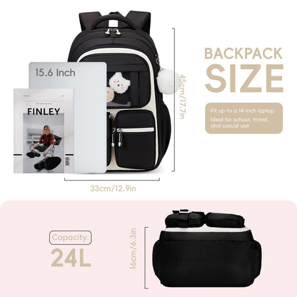 Amythe School Bag for Girls, Breathable School Backpack for Kids with Pendant, Casual Sac a Dos Fille for Elementary Junior High School, Black