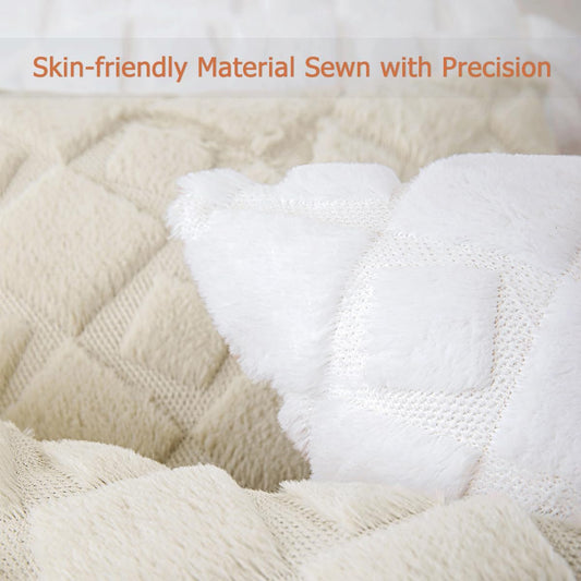 CJWLKJ 2Pcs Soft Faux Fur Throw Pillow Covers 18x18 - Plush Short Wool Velvet Decorative Pillow Covers - Couch Sofa Pillow Covers for Living Room - with 3D Plaid Pattern (White)