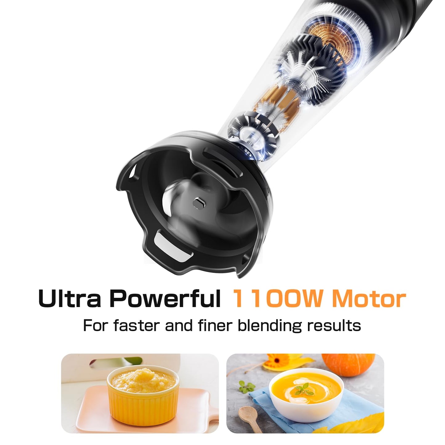 Immersion Blender Handheld 1100W - 3 in 1 Hand Blenders Set with Trigger Speed Control Stainless Steel Emulsion Stick with Whisk and Milk Frother, Emulsifier for Kitchen for Soup, Smoothie, Puree