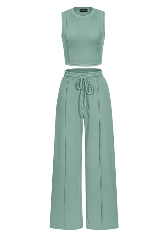 PRETTYGARDEN Women's Summer 2 Piece Loungewear Set Cropped Tank Top Wide Leg Sweatpants Tracksuit Casual Outfits