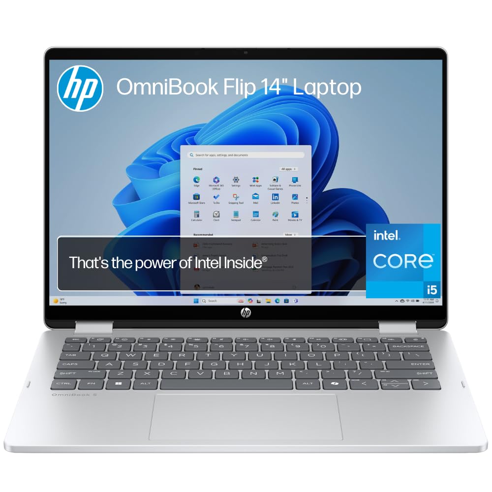 HP OmniBook X Flip Next Gen AI Laptop, 16'' 2K Touch Display, Built-in AI, Intel Core Ultra 5 226V Processor, 16GB RAM, 512GB SSD, Intel Graphics, Windows 11 Home, Convertible, Silver, BD5R0PA