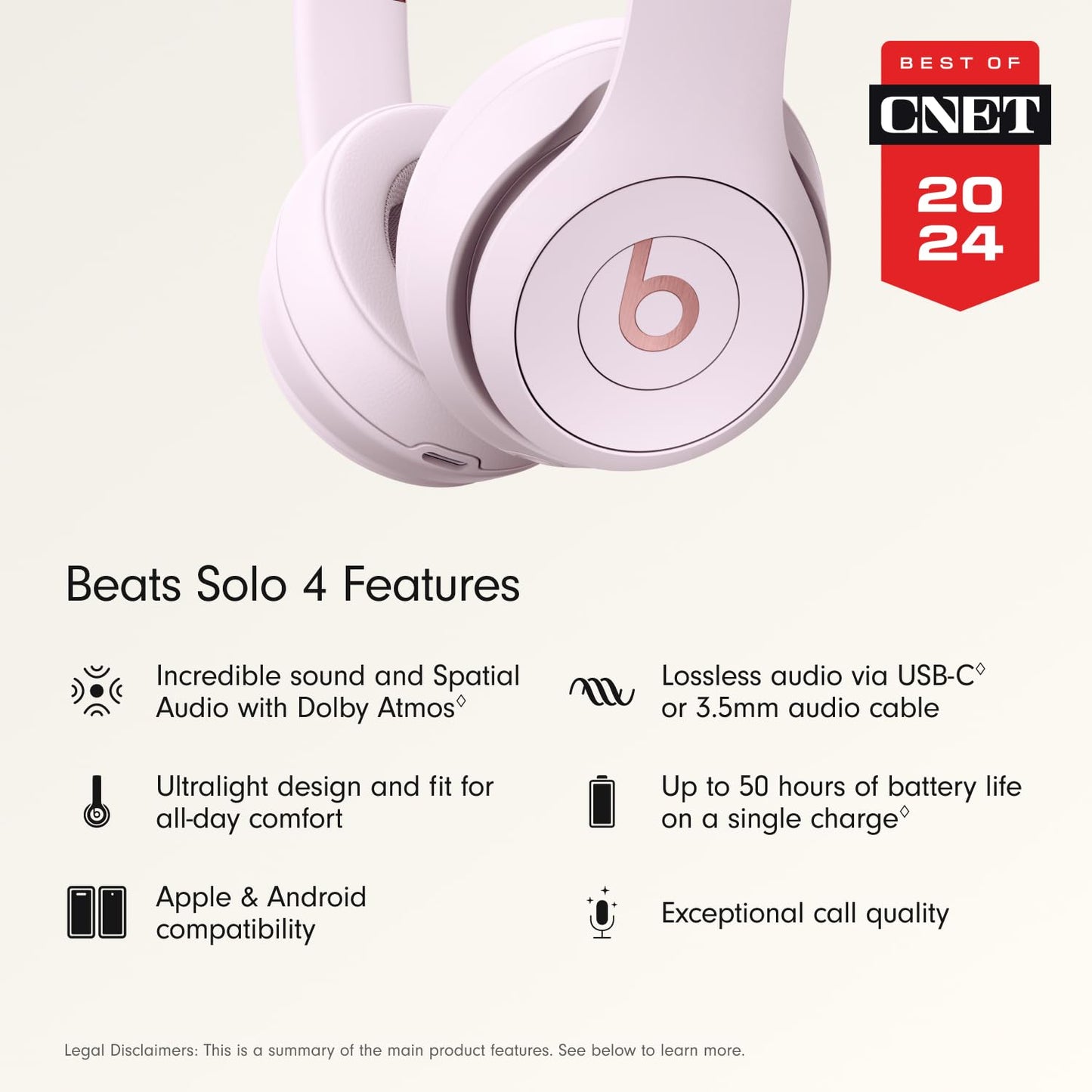 Beats Solo 4 - Wireless Bluetooth On-Ear Headphones, Apple & Android Compatible, Up to 50 Hours of Battery Life - Cloud Pink