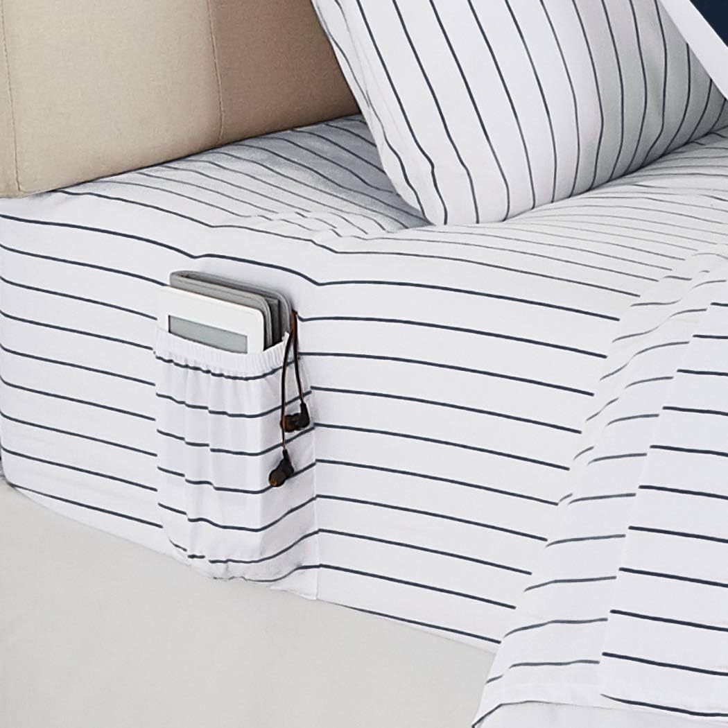 Reversible Microfiber Bed-in-a-Bag with Elastic Storage Pockets - 7 pieces, Full/Queen, Navy Stripe