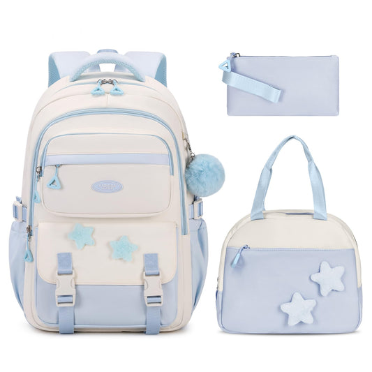 Amythe School Bag for Girls, 3 Pcs Kids Backpack for Elementary Junior School, Multiple Compartment Girl's BookBag Set with Lunch Box Pencil Case, Casual Sac a Dos Fille, Blue