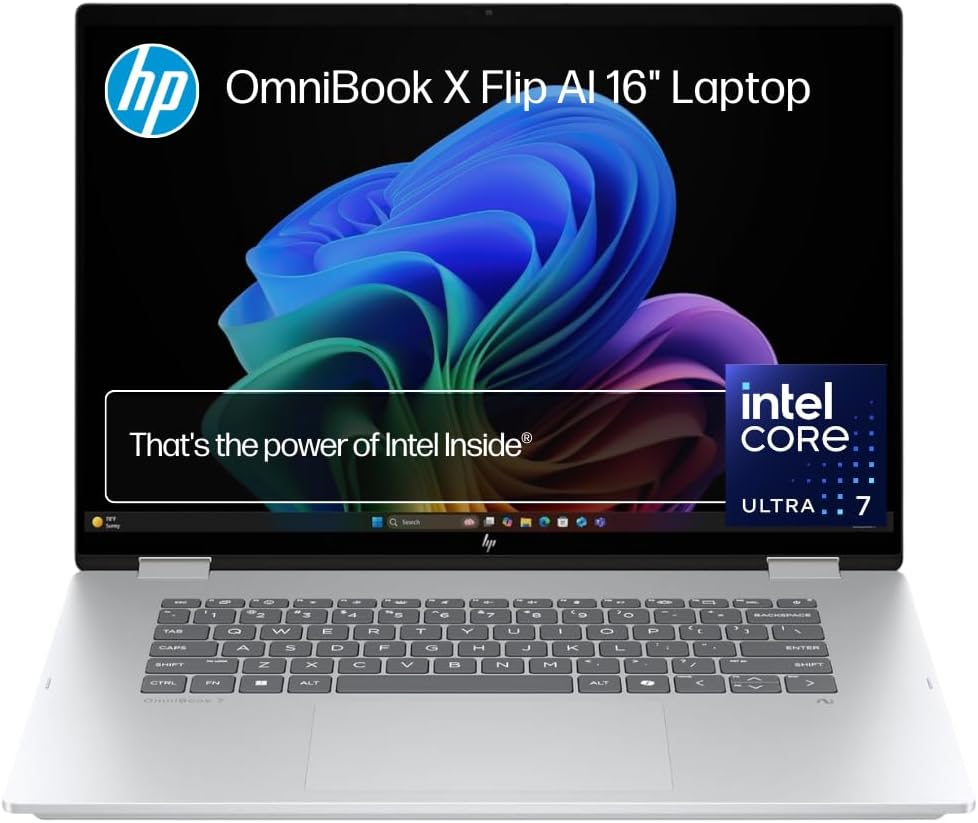HP OmniBook X Flip AI Laptop, 16'' 3K OLED Touch Display, Built-in AI, Intel Core Ultra 7 258V Processor, 32GB RAM, 1TB SSD, Intel Graphics, Windows 11 Home, Convertible, Silver, BD5Q7PA
