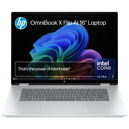 HP OmniBook X Flip Next Gen AI Laptop, 16'' 2K Touch Display, Built-in AI, Intel Core Ultra 5 226V Processor, 16GB RAM, 512GB SSD, Intel Graphics, Windows 11 Home, Convertible, Silver, BD5R0PA