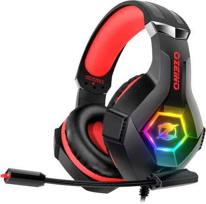 Ozeino Gaming Headset for PC, Ps4, Ps5, Xbox Headset with 7.1 Surround Sound, Gaming Headphones with Noise Cancelling Mic RGB Light Over Ear Headphones for Xbox Series X/S, Switch -Red