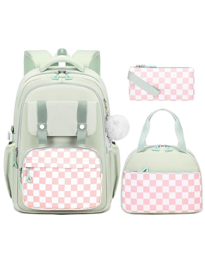 Amythe Girls' School Backpack Set, Cute Kids Backpack, Casual School Bag for Elementary Middle School Girls, Bookbag Set with Lunch Bag and Pencil Case,Green