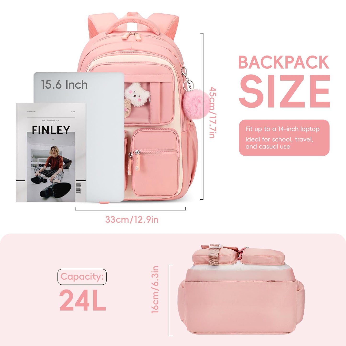 Amythe School Bag for Girls, Breathable School Backpack for Kids with Pendant, Casual Sac a Dos Fille for Elementary Junior High School, Pink