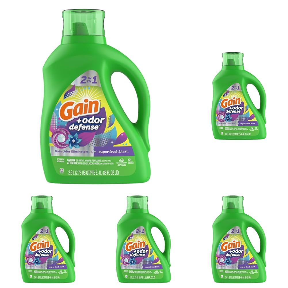 Gain + Odor Defense Liquid Laundry Detergent, Super Fresh Blast Scent, 88 Oz, 61 Loads, HE Compatible (Pack of 5)