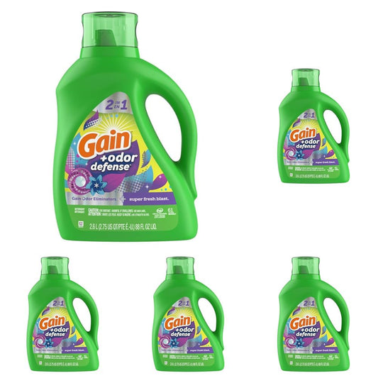 Gain + Odor Defense Liquid Laundry Detergent, Super Fresh Blast Scent, 88 Oz, 61 Loads, HE Compatible (Pack of 5)