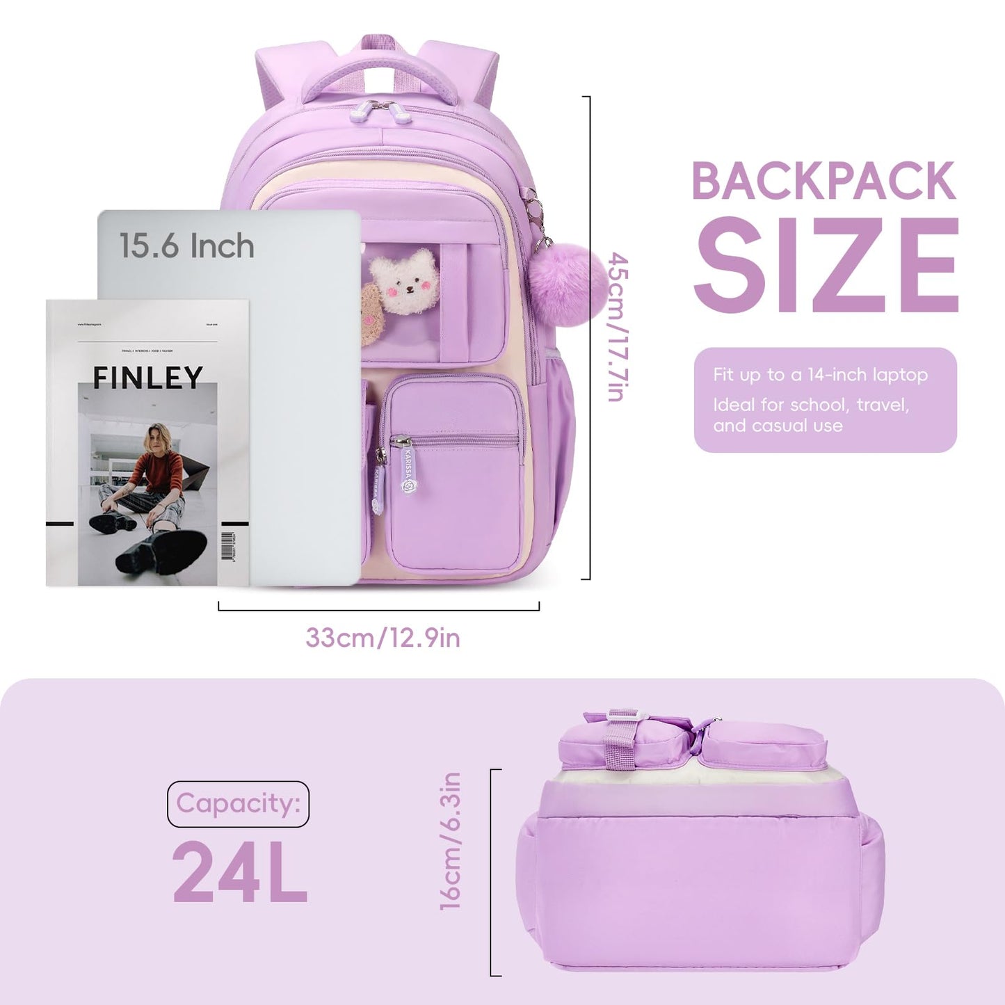 Amythe School Bag for Girls, Breathable School Backpack for Kids with Pendant, Casual Sac a Dos Fille for Elementary Junior High School, Purple