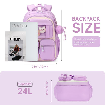 Amythe School Bag for Girls, Breathable School Backpack for Kids with Pendant, Casual Sac a Dos Fille for Elementary Junior High School, Purple