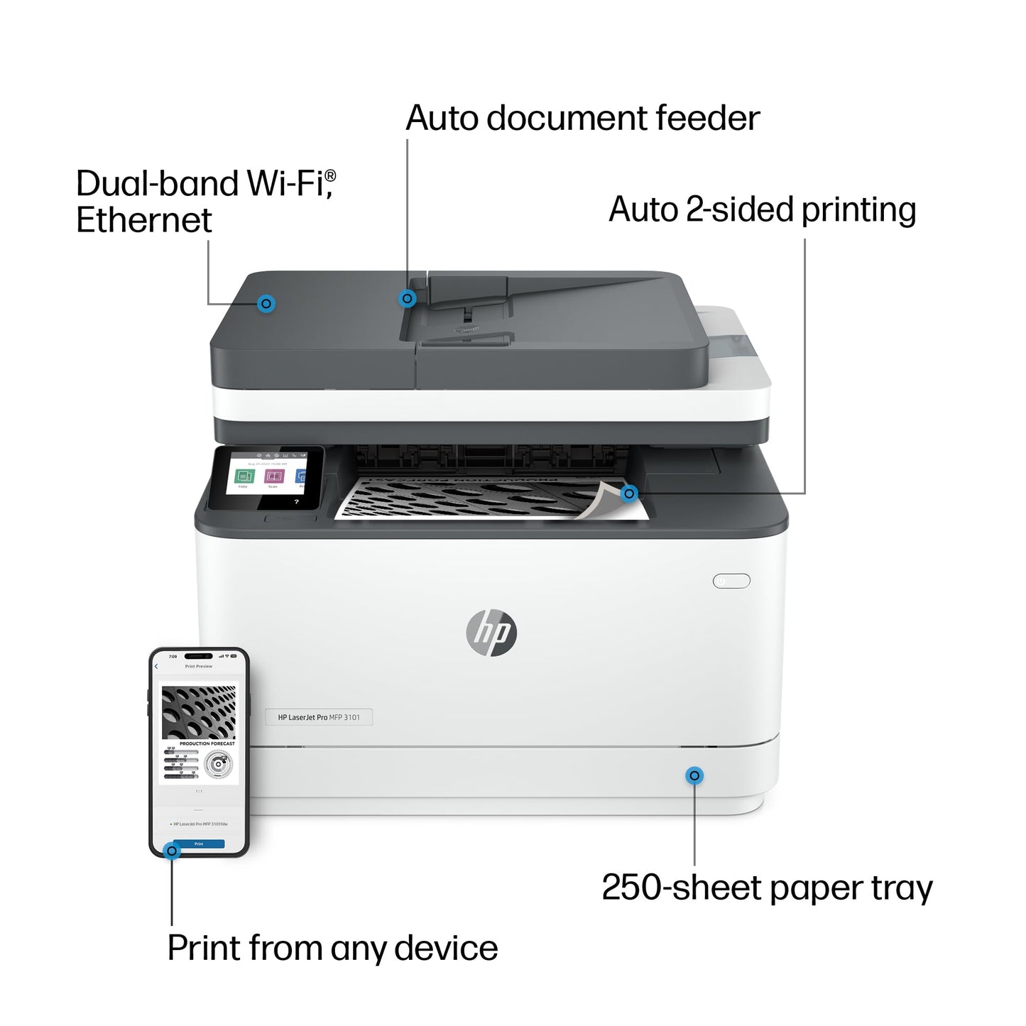 HP Laserjet Pro MFP 3101fdw Wireless Black & White All-in-One Laser Printer, Scanner, Copier, Fax, Best-for-Office (3G628F)