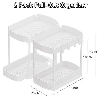 2 Pack Multi-Purpose Pull-Out Storage Organizers, Under Sink Organizers and Storage for Bathroom & Kitchen, Under Cabinet Organizers and storage, 14.8 Inch, White