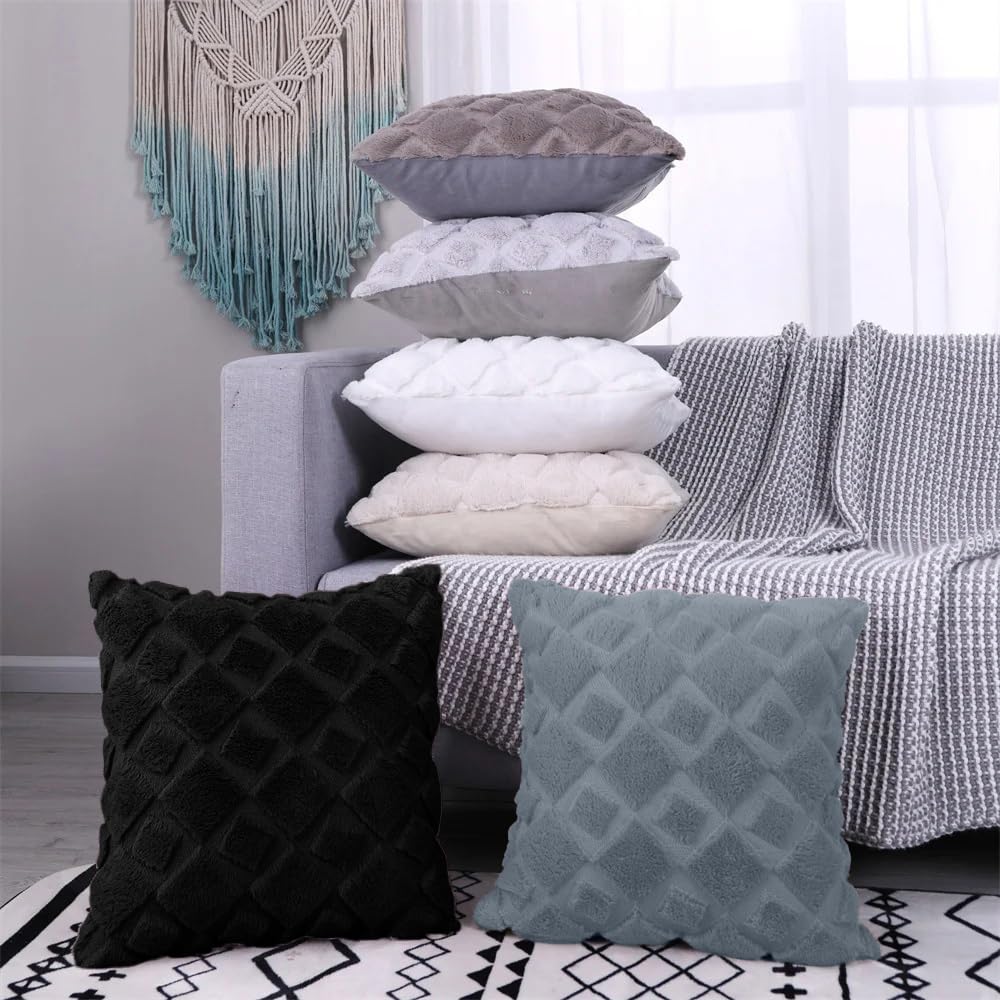 CJWLKJ 2Pcs Soft Faux Fur Throw Pillow Covers 18x18 - Plush Short Wool Velvet Decorative Pillow Covers - Couch Sofa Pillow Covers for Living Room - with 3D Plaid Pattern (Gray)