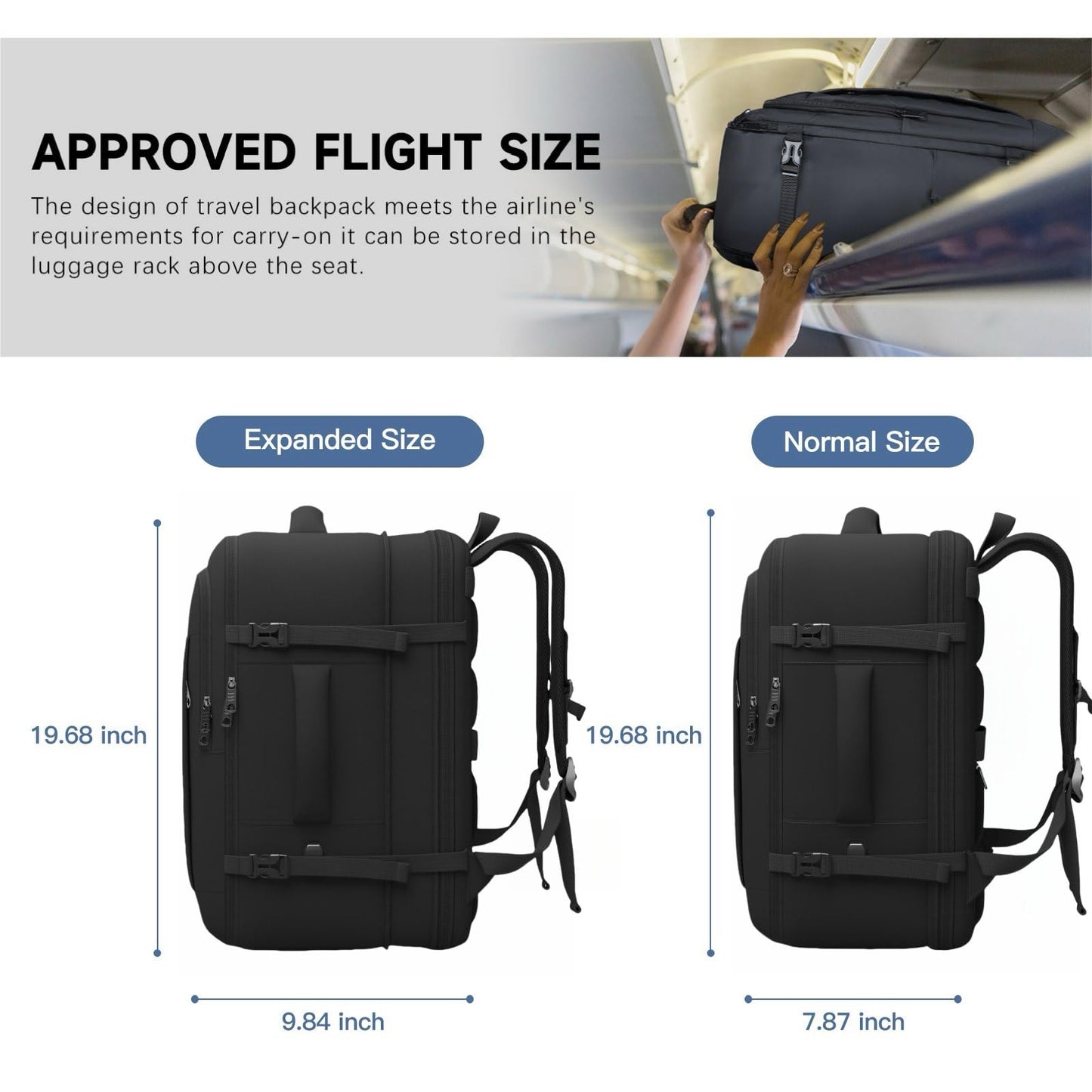 Carry On Backpack, 50L Travel Backpack, Luggage Backpack TSA Flight Approved Laptop Backpack for Men & Women, Large Expandable Backpack 40L Daypack Lightweight Business Weekender Bag, Black