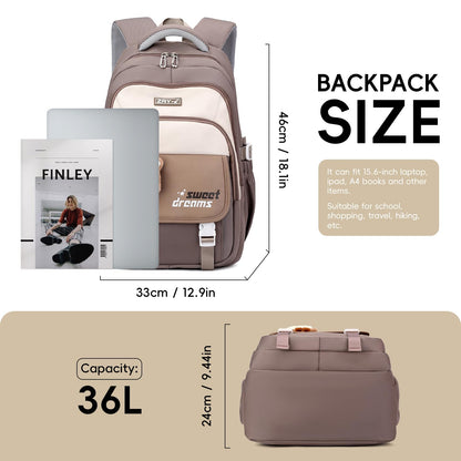 Amythe Girls School Bag, 16 inch School Backpack for Girl Age 9-16, Kids BookBag with Cute Pendant for Elementary Middle School, Children’s Casual Rucksack for Travel,Brown