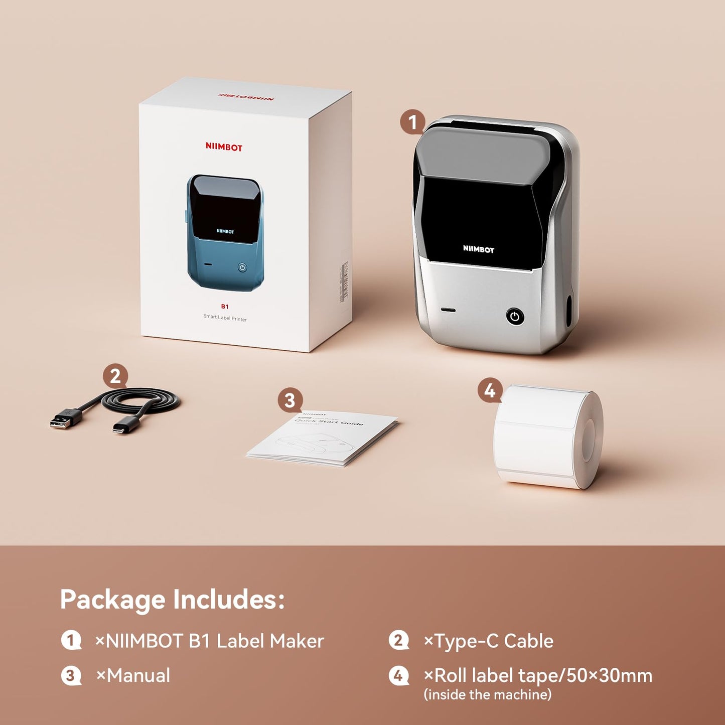 NIIMBOT B1 Label Maker, Thermal Label Printer, Label Maker Machine with Tape Portable Sticker Printer Labelling Machine for Businesses, Clothing, Logo, Jar, Compatible with Phones & PC, Silver Gray
