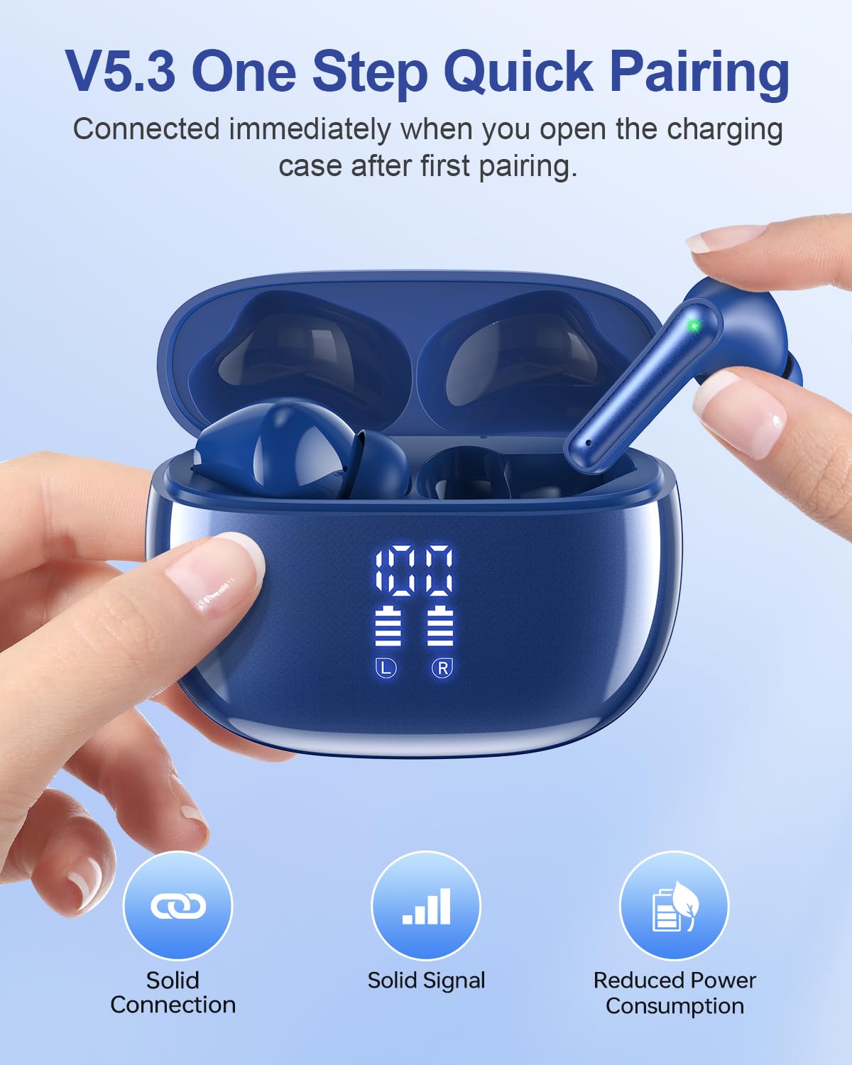 Wireless Earbuds, Bluetooth Ear Buds Headphones, 40H Long Playtime, Stereo Deep Bass, LED Power Display, IPX7, Lightweight in Ear Earphone with Mic for iPhone Android Phone