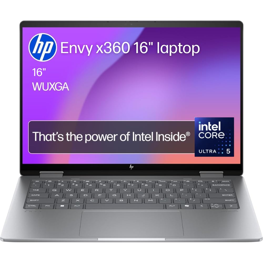 HP Envy x360 2-in-1 Laptop 16', 2K Touch Display, Intel Core Ultra 5 125U Processor, 16GB RAM, 512GB SSD, Intel Graphics, Built-in AI, Windows 11, Convertible, Long Battery Life, Silver, 9V362PA