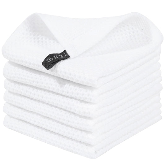100% Cotton Waffle Weave Kitchen Dish Cloths, Ultra Soft Absorbent Quick Drying Dish Towels, 12 x 12 Inches, 6-Pack, White