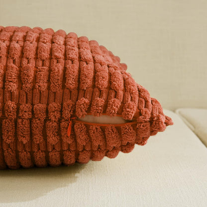 Fancy Homi Set of 4 Burnt Orange Fall Decorative Throw Pillow Covers 18x18 Inch for Couch Bed Chair, Modern Farmhouse Boho Room Decor, Soft Fuzzy Corduroy Textured Striped Cushion Case 45cm
