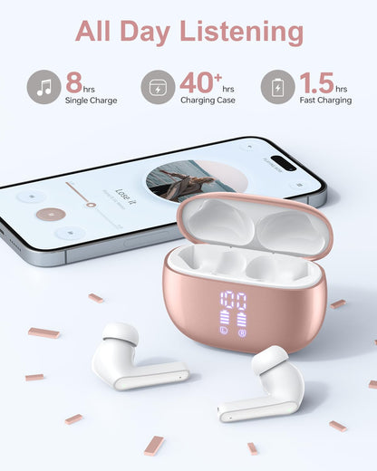 Wireless Earbuds, Bluetooth Ear Buds Headphones, 40H Long Playtime, Stereo Deep Bass, LED Power Display, IPX7, Lightweight in Ear Earphone with Mic for iPhone Android Phone