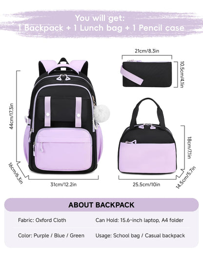 Amythe Girls' School Backpack Set, Cute Kids Backpack, Casual School Bag for Elementary Middle School Girls, Bookbag Set with Lunch Bag and Pencil Case,Purple