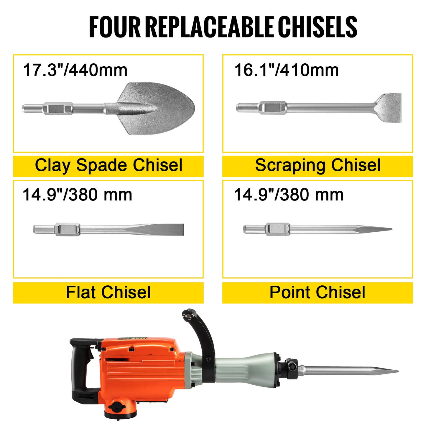VEVOR Demolition Jack Hammer, 2200W 1400 BPM Jack Hammer Concrete Breaker, Heavy Duty Electric Jack Hammer 6pcs Chisels Bit With Gloves, Swiveling Front Handle For Trenching And Breaking Holes
