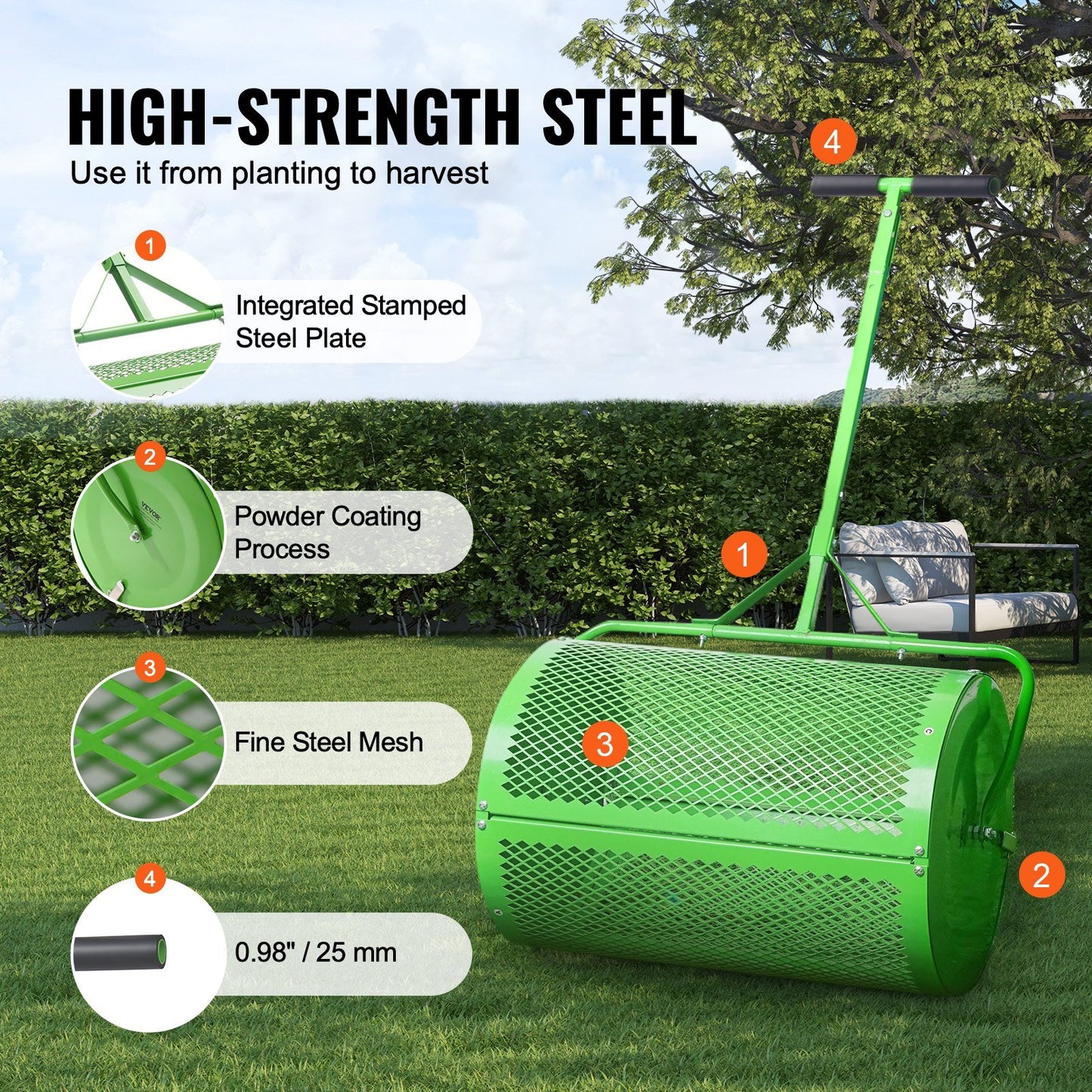 VEVOR Compost Spreader Peat Moss Spreader Push Tow-Behind Lawn Roller Green