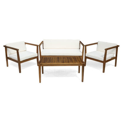 Outdoor 4-Seater Acacia Wood Chat Set With Coffee Table With Cushions, Teak And Beige