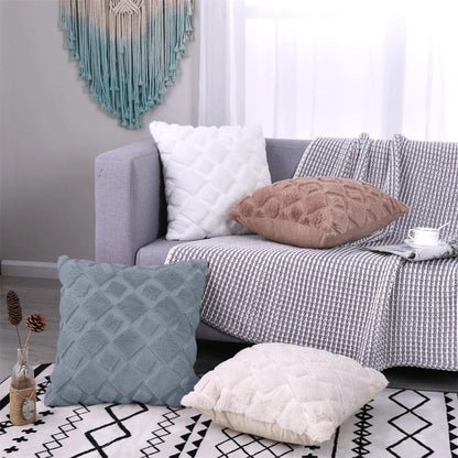 CJWLKJ 2Pcs Soft Faux Fur Throw Pillow Covers 18x18 - Plush Short Wool Velvet Decorative Pillow Covers - Couch Sofa Pillow Covers for Living Room - with 3D Plaid Pattern (Gray)