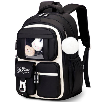 Amythe School Bag for Girls, Breathable School Backpack for Kids with Pendant, Casual Sac a Dos Fille for Elementary Junior High School, Black