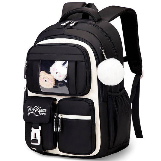 Amythe School Bag for Girls, Breathable School Backpack for Kids with Pendant, Casual Sac a Dos Fille for Elementary Junior High School, Black