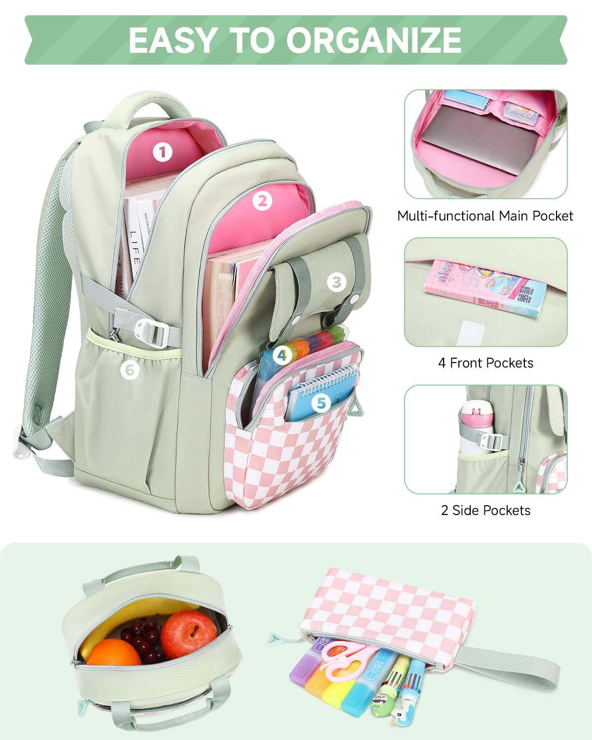 Amythe Girls' School Backpack Set, Cute Kids Backpack, Casual School Bag for Elementary Middle School Girls, Bookbag Set with Lunch Bag and Pencil Case,Green