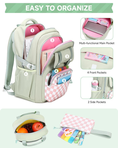 Amythe Girls' School Backpack Set, Cute Kids Backpack, Casual School Bag for Elementary Middle School Girls, Bookbag Set with Lunch Bag and Pencil Case,Green