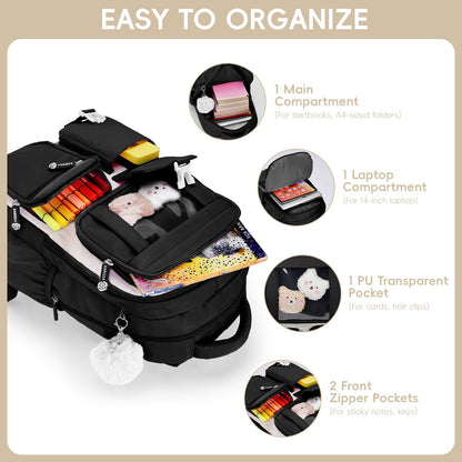 Amythe School Bag for Girls, Breathable School Backpack for Kids with Pendant, Casual Sac a Dos Fille for Elementary Junior High School, Black