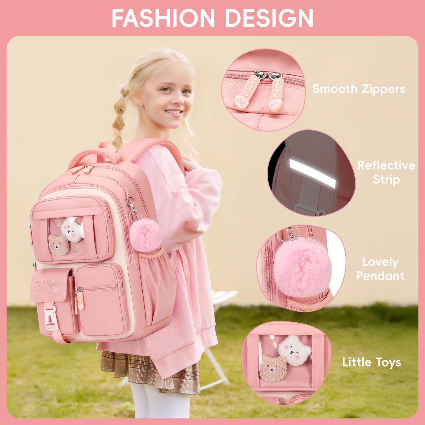Amythe School Bag for Girls, Breathable School Backpack for Kids with Pendant, Casual Sac a Dos Fille for Elementary Junior High School, Pink