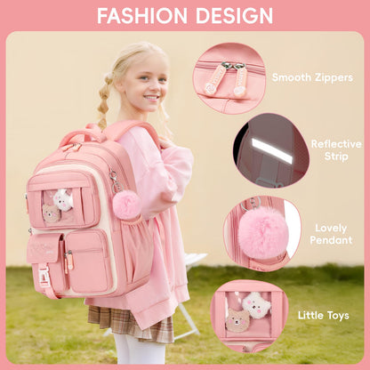 Amythe School Bag for Girls, Breathable School Backpack for Kids with Pendant, Casual Sac a Dos Fille for Elementary Junior High School, Pink