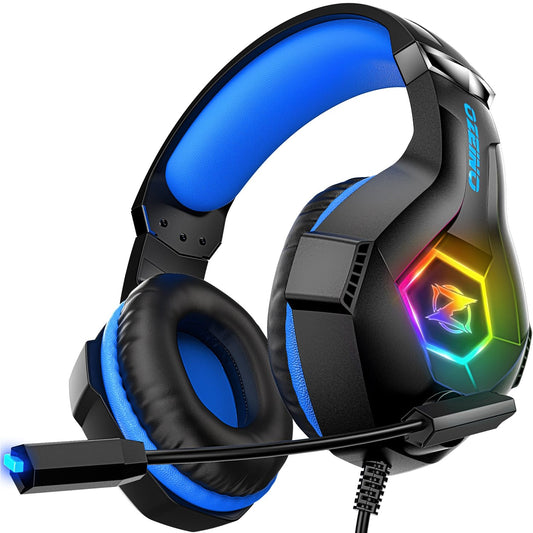 Gaming Headset for PC, Ps4, Ps5, Xbox Headset with 7.1 Surround Sound, Gaming Headphones with Noise Cancelling Mic RGB Light Over Ear Headphones for Xbox Series X/S, Switch-Black Blue