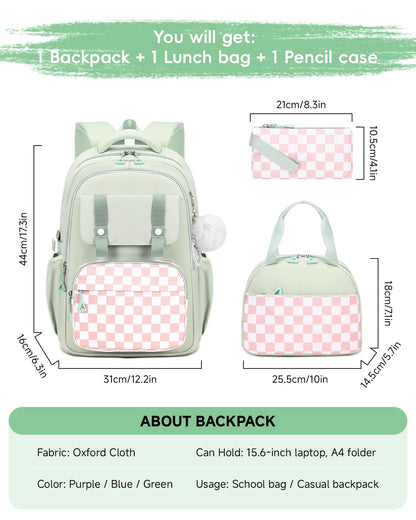 Amythe Girls' School Backpack Set, Cute Kids Backpack, Casual School Bag for Elementary Middle School Girls, Bookbag Set with Lunch Bag and Pencil Case,Green
