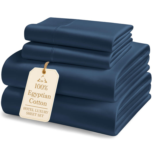 LANE LINEN 100% Egyptian Cotton Bed Sheets King Size – Long Staple Mercerized Cotton, Luxury Hotel-Quality, 15" Deep Pocket King Sheet Set with Reinforced French Seams – Estate Blue