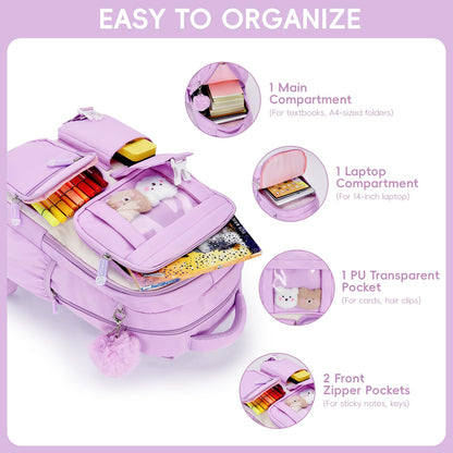 Amythe School Bag for Girls, Breathable School Backpack for Kids with Pendant, Casual Sac a Dos Fille for Elementary Junior High School, Purple