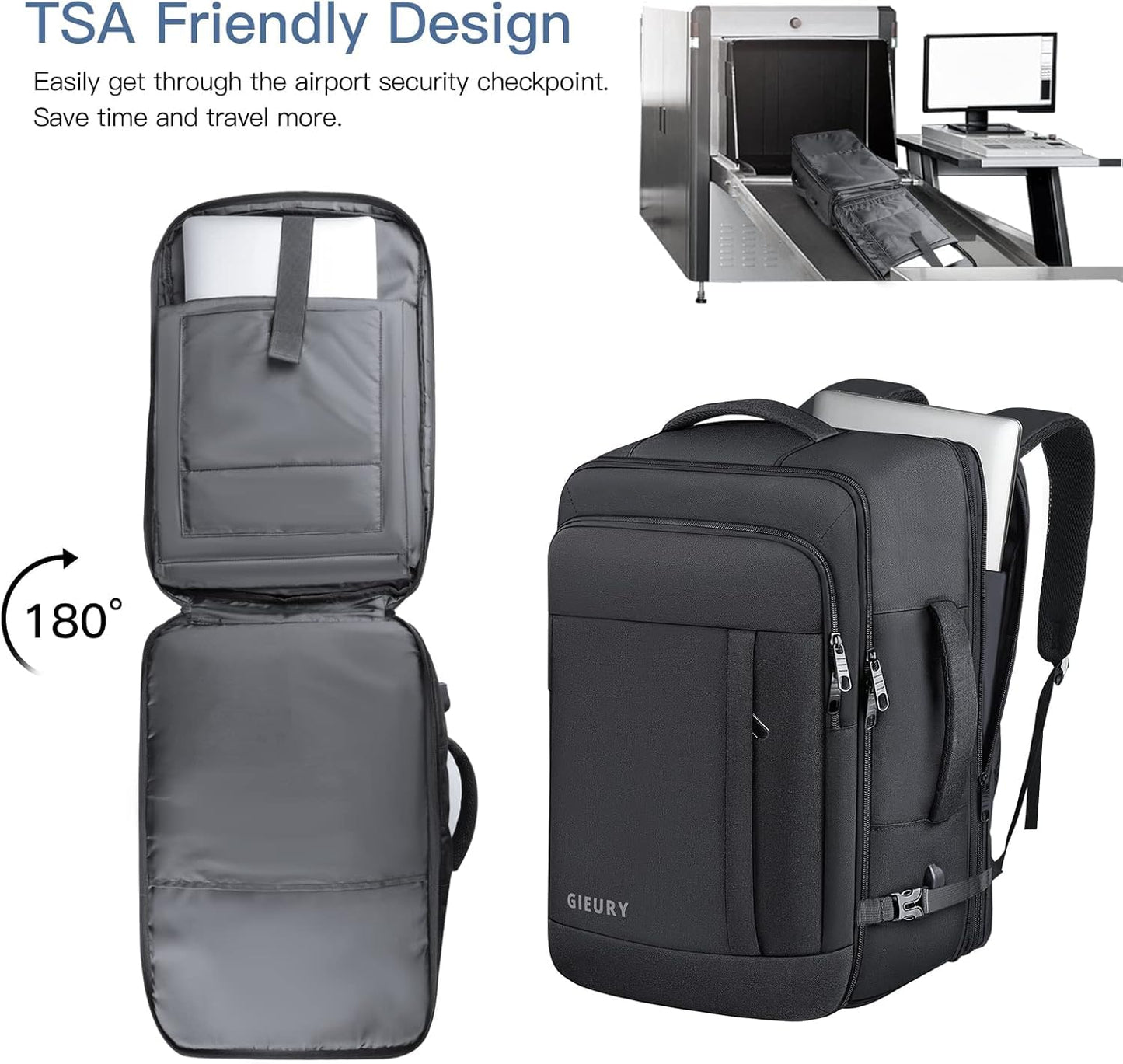 Extra Large Travel Backpack, 55L Carry On Backpack for Men & Women, Expandable Big Capacity Bag For Airplanes, Travel Gifts for Men Women, Fits 18.4 Inch Laptop, Luggage Suitcase Daypack Bag, Black