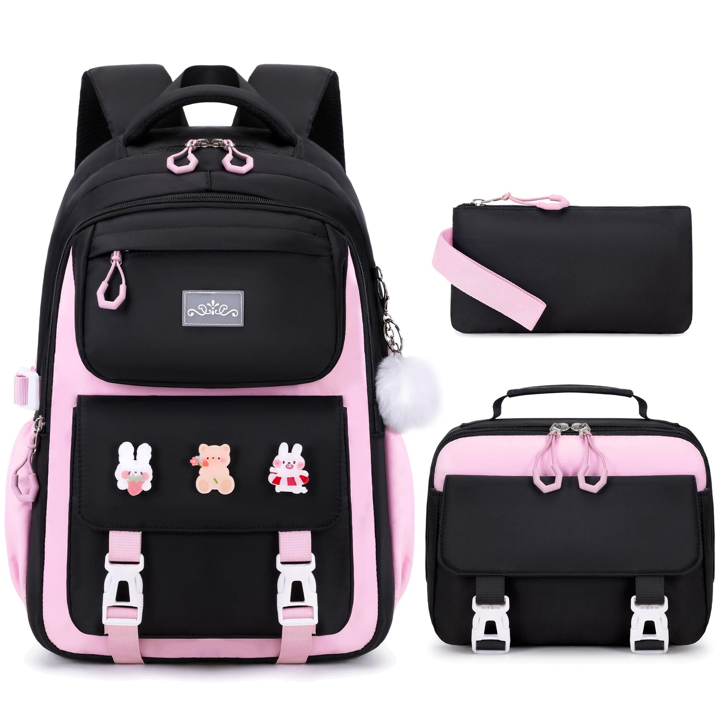 DIGOBAY Girls Backpack, School Backpack for Girls with Lunch Box Pencil Case Set for Teen Kids Girl Elementary Primary Middle High College School Bookbag with Cute Pins Blackpink