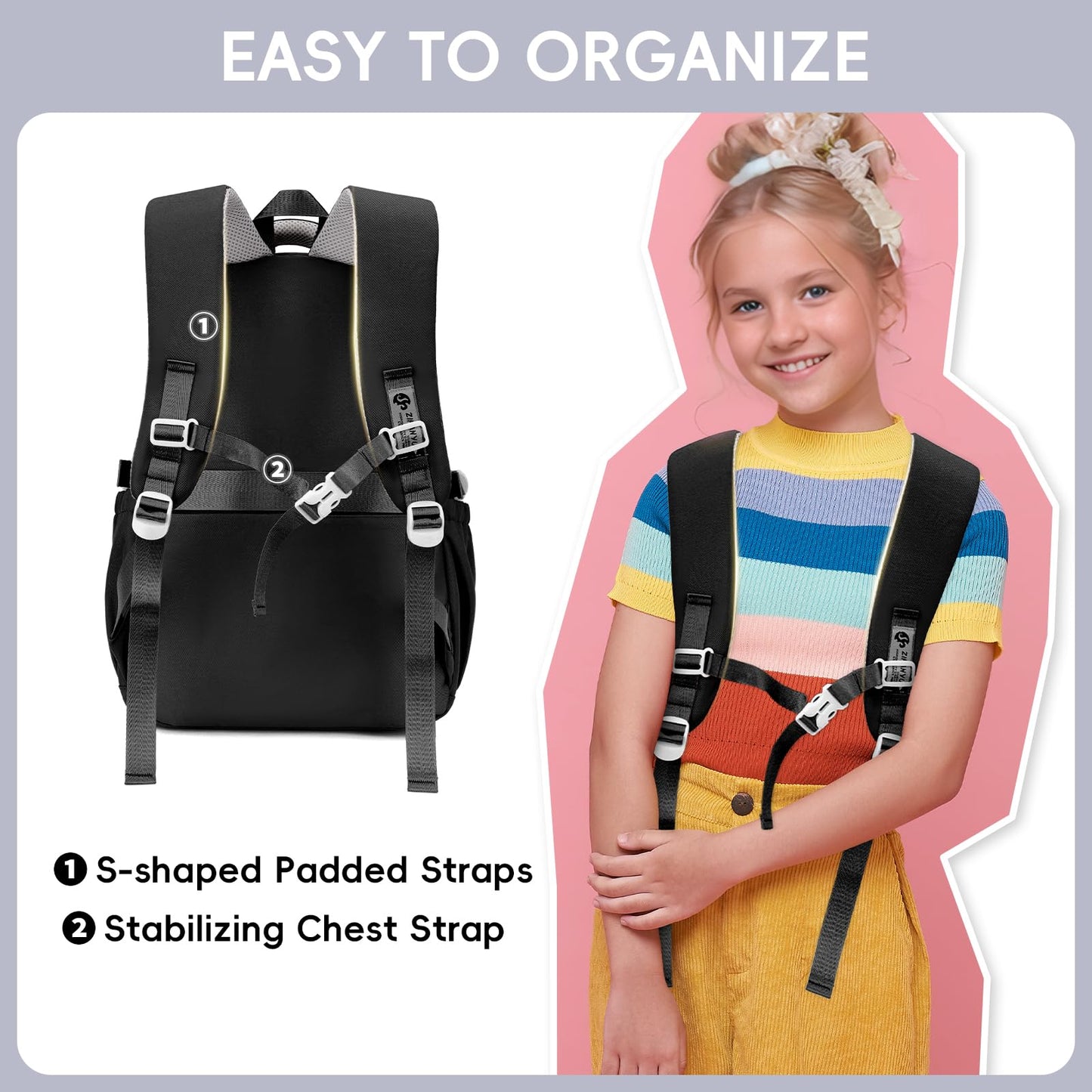Amythe Girls School Bag, 16 inch School Backpack for Girl Age 9-16, Kids BookBag with Pendant for Elementary Middle School