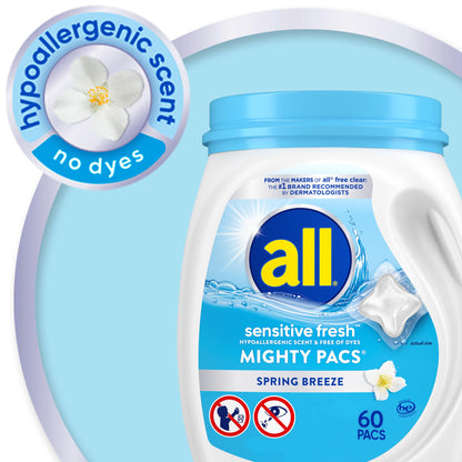 all Sensitive Fresh Mighty Pacs Laundry Detergent Pacs, Hypoallergenic Spring Breeze Scent, Gentle for Sensitive Skin, 60 Count, HE Compatible