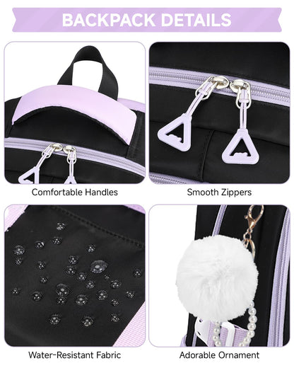 Amythe Girls' School Backpack Set, Cute Kids Backpack, Casual School Bag for Elementary Middle School Girls, Bookbag Set with Lunch Bag and Pencil Case,Purple