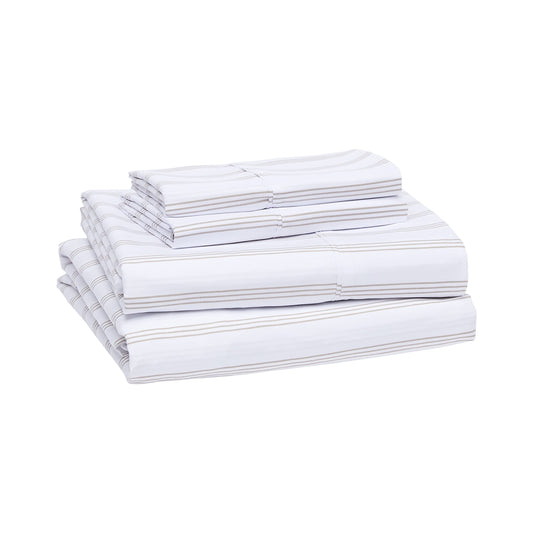 Lightweight Super Soft Easy Care Microfiber 4 Piece Bed Sheet Set with 14-Inch Deep Pockets, Queen, Taupe Stripe, Striped